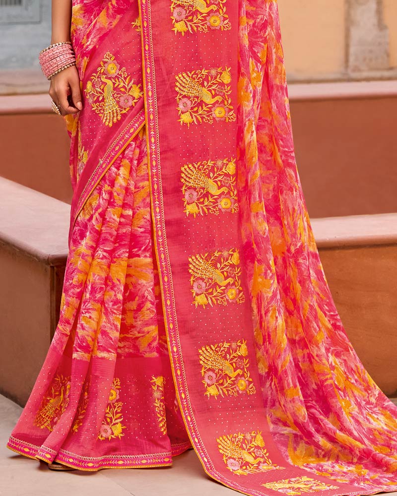 Vishal Prints Dark Coral Designer Printed Fancy Chiffon Saree With Embroidery Work And Fancy Border