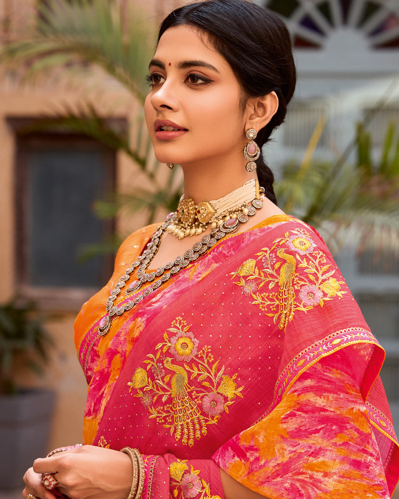 Vishal Prints Dark Coral Designer Printed Fancy Chiffon Saree With Embroidery Work And Fancy Border