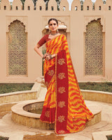 Vishal Prints Yellowish Orange Designer Printed Fancy Chiffon Saree With Embroidery Work And Fancy Border