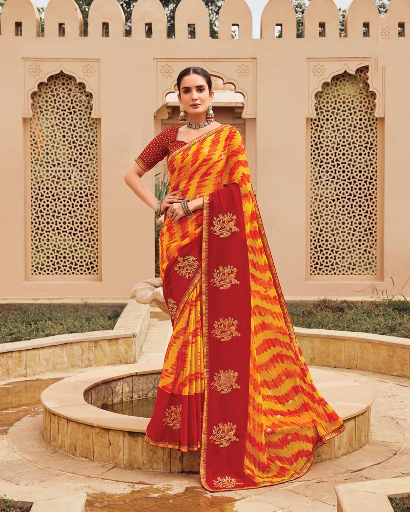 Vishal Prints Yellowish Orange Designer Printed Fancy Chiffon Saree With Embroidery Work And Fancy Border