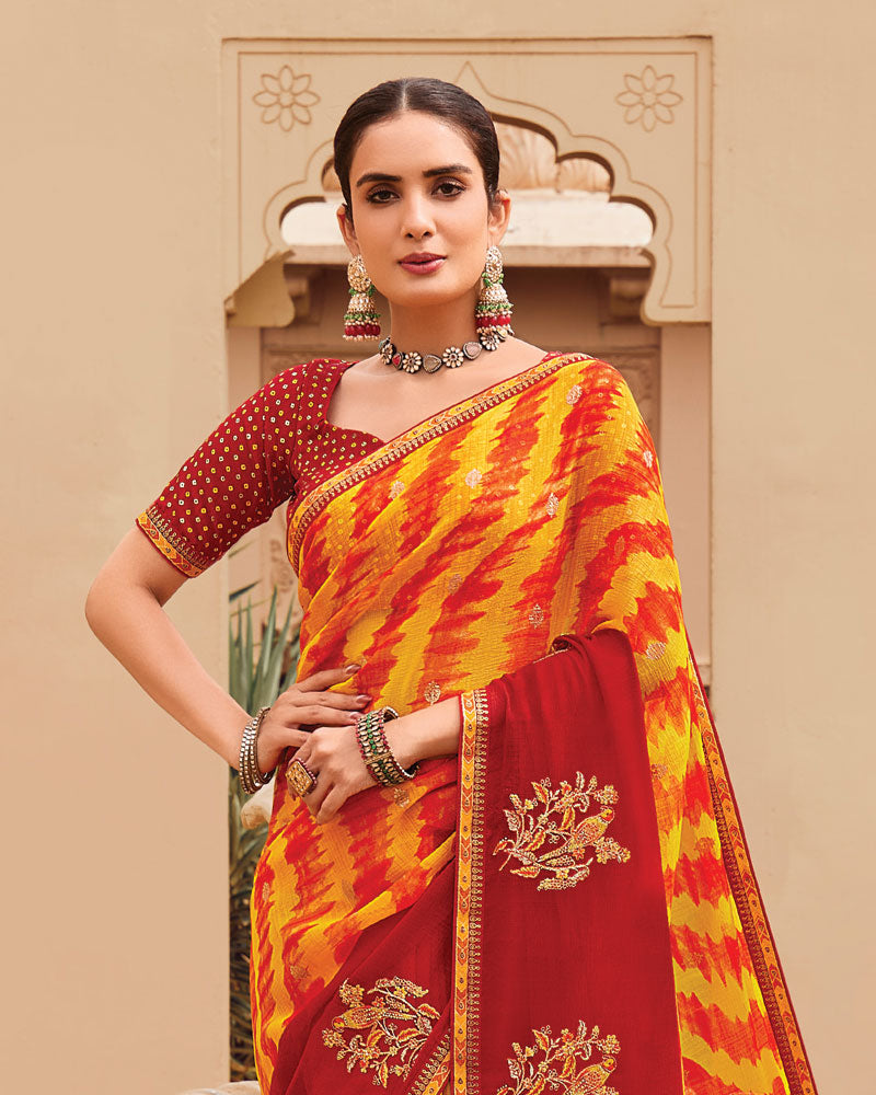 Vishal Prints Yellowish Orange Designer Printed Fancy Chiffon Saree With Embroidery Work And Fancy Border