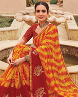 Vishal Prints Yellowish Orange Designer Printed Fancy Chiffon Saree With Embroidery Work And Fancy Border