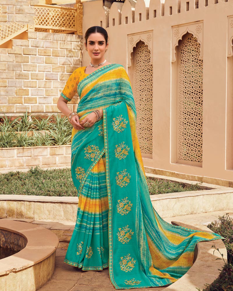 Vishal Prints Teal Green Designer Printed Fancy Chiffon Saree With Embroidery Work And Fancy Border