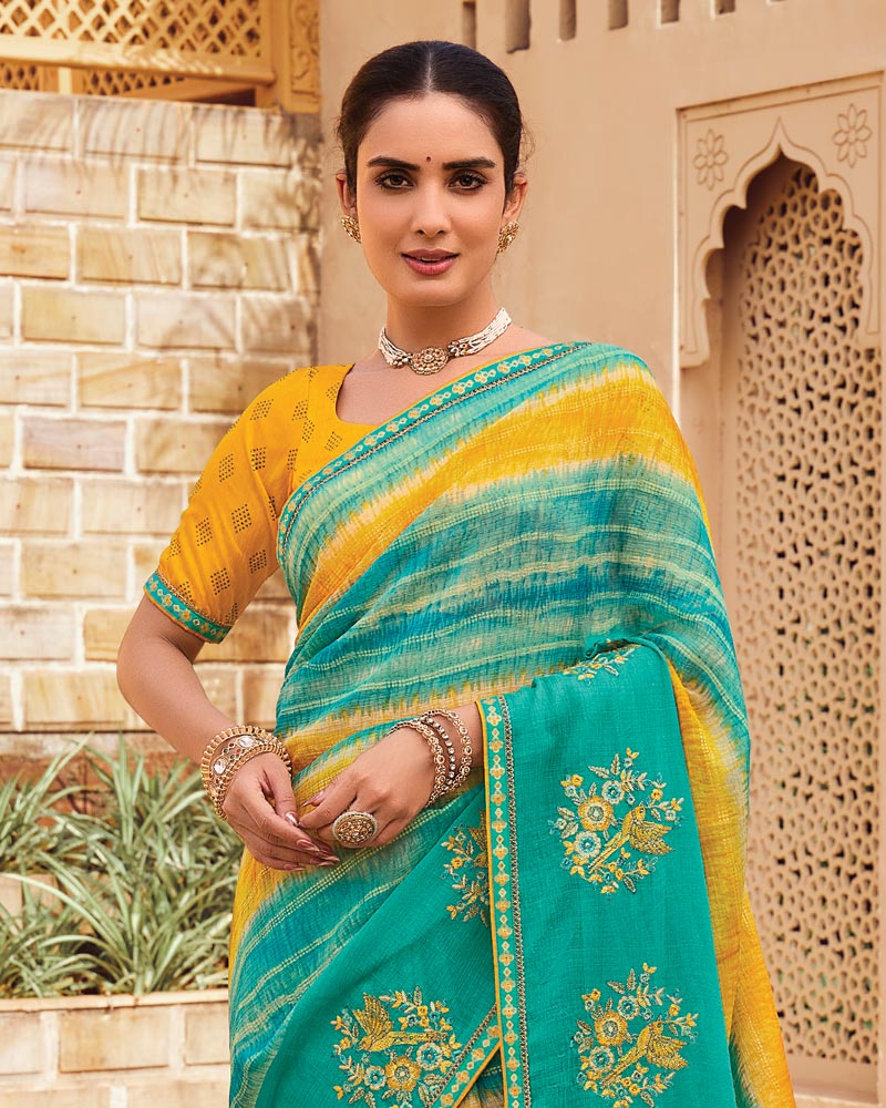Vishal Prints Teal Green Designer Printed Fancy Chiffon Saree With Embroidery Work And Fancy Border