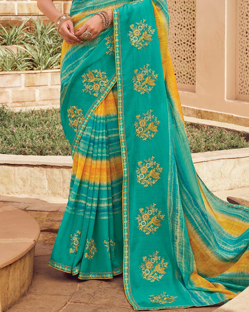 Vishal Prints Teal Green Designer Printed Fancy Chiffon Saree With Embroidery Work And Fancy Border