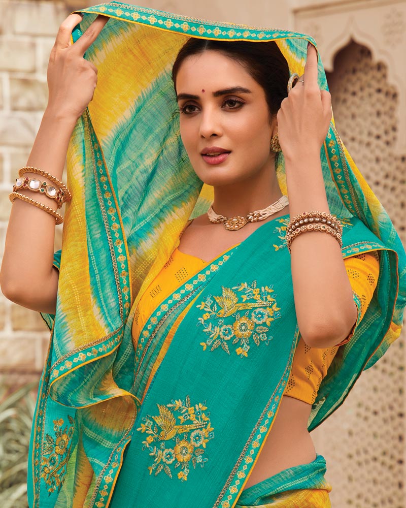 Vishal Prints Teal Green Designer Printed Fancy Chiffon Saree With Embroidery Work And Fancy Border