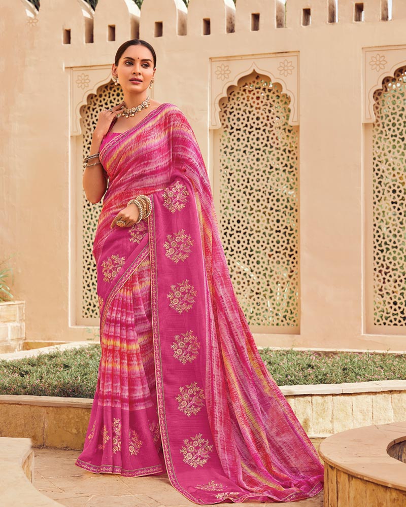 Vishal Prints Deep Rose Pink Designer Printed Fancy Chiffon Saree With Embroidery Work And Fancy Border