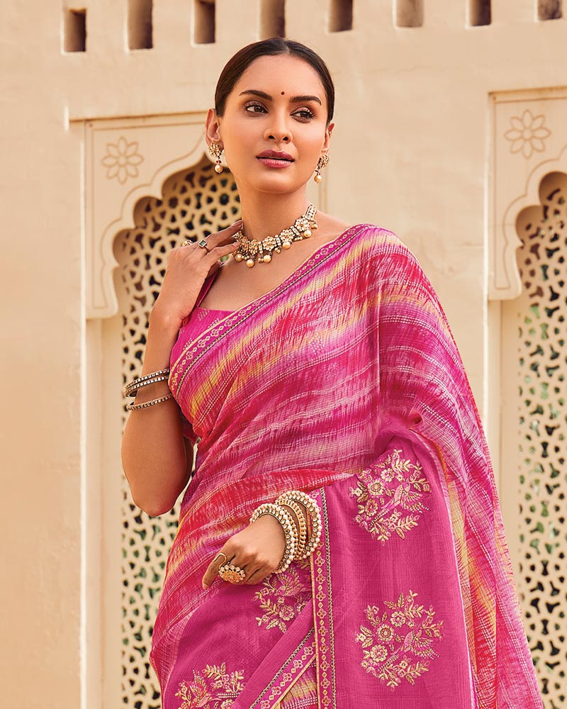 Vishal Prints Deep Rose Pink Designer Printed Fancy Chiffon Saree With Embroidery Work And Fancy Border
