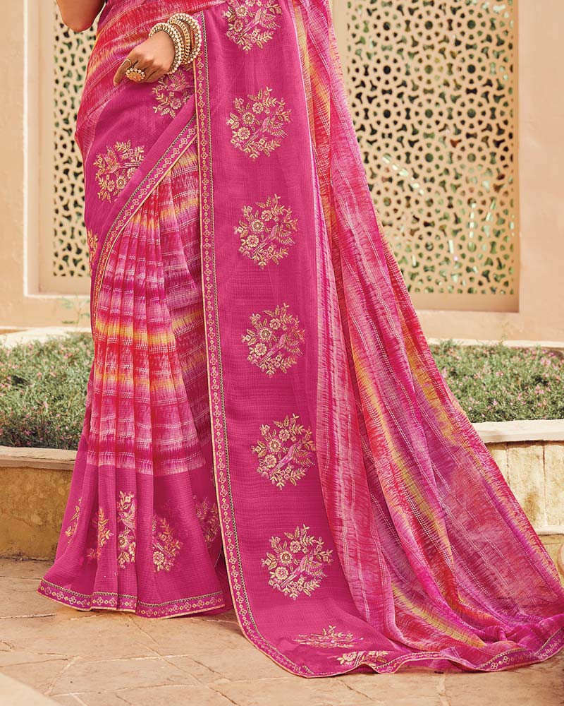Vishal Prints Deep Rose Pink Designer Printed Fancy Chiffon Saree With Embroidery Work And Fancy Border