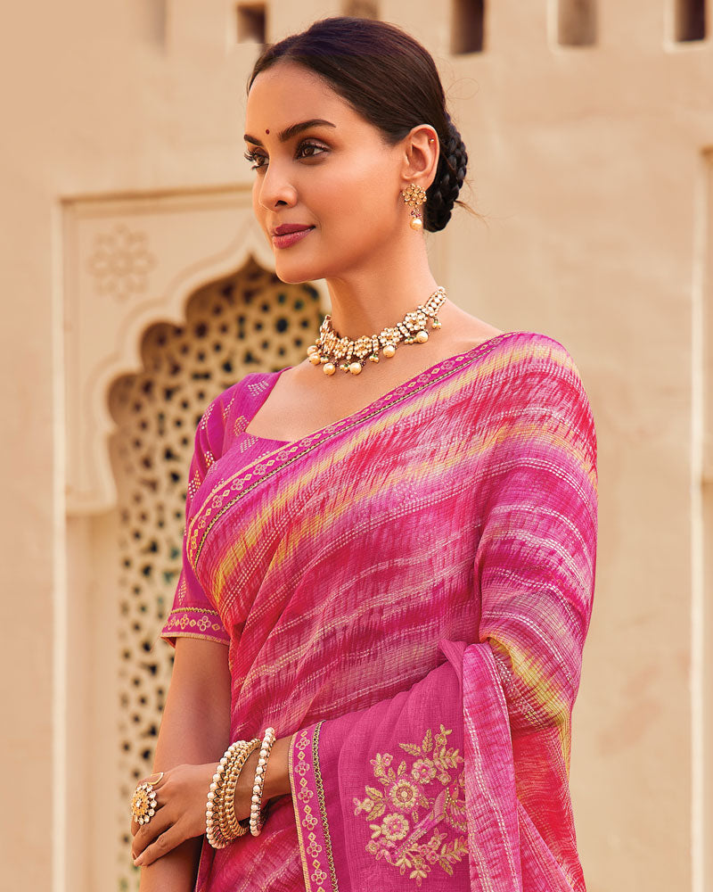 Vishal Prints Deep Rose Pink Designer Printed Fancy Chiffon Saree With Embroidery Work And Fancy Border