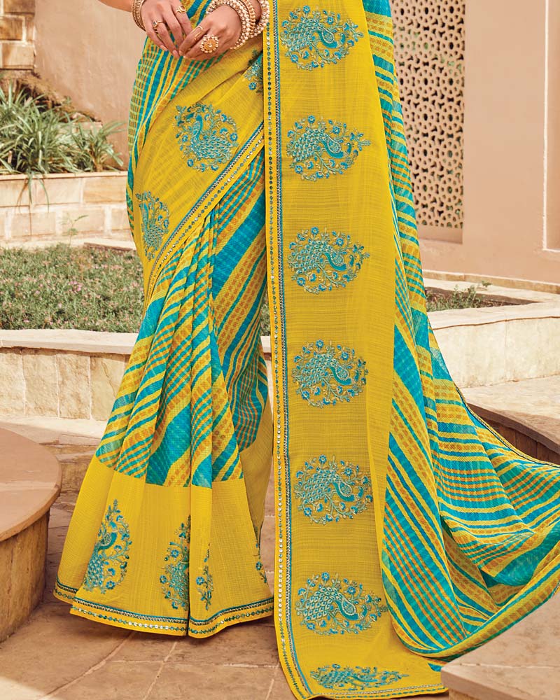 Vishal Prints Burnt Yellow Designer Printed Fancy Chiffon Saree With Embroidery Work And Fancy Border