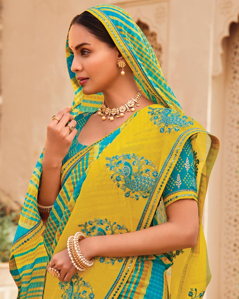 Vishal Prints Burnt Yellow Designer Printed Fancy Chiffon Saree With Embroidery Work And Fancy Border