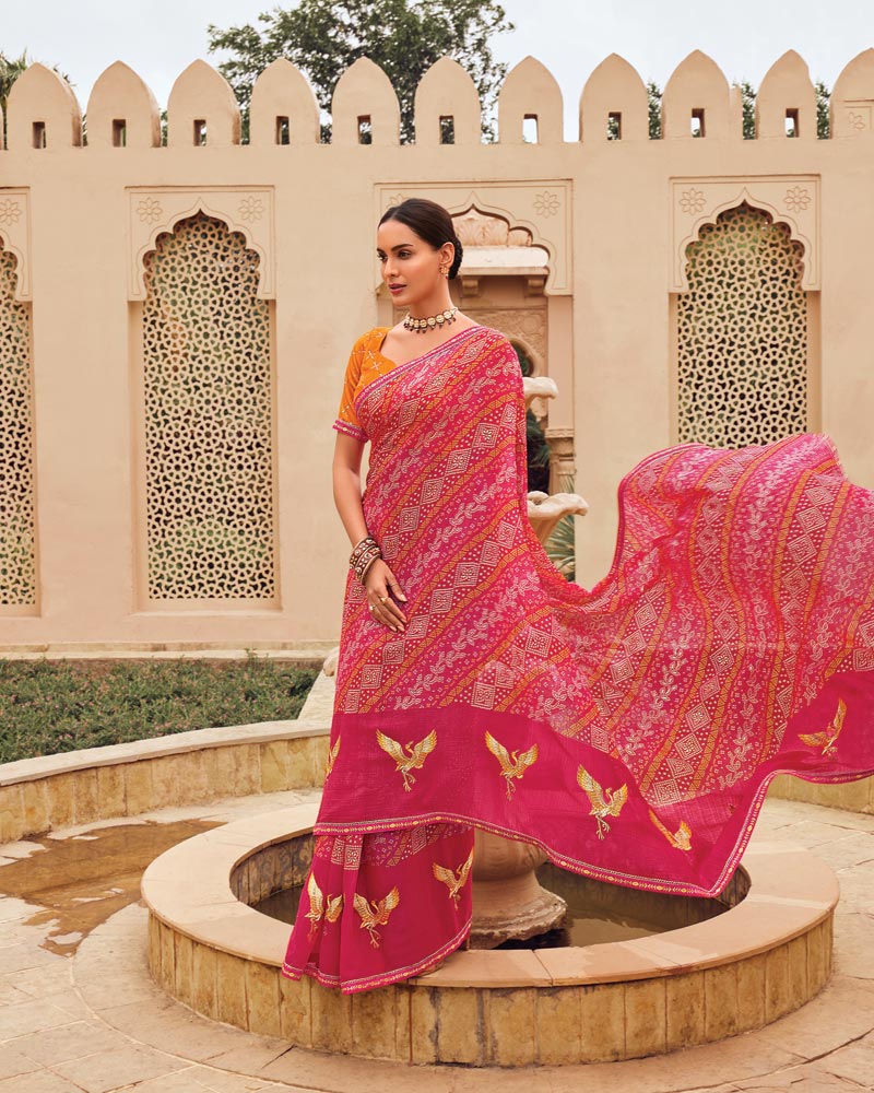 Vishal Prints Rose Pink Designer Printed Fancy Chiffon Saree With Embroidery Work And Fancy Border