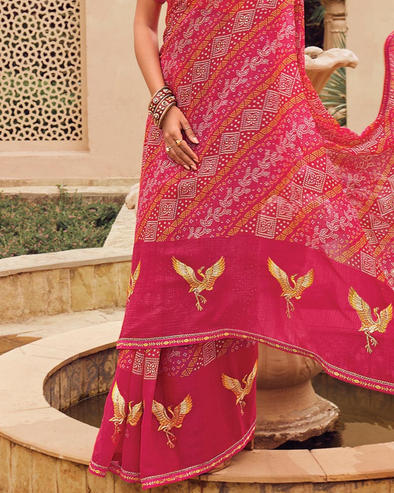 Vishal Prints Rose Pink Designer Printed Fancy Chiffon Saree With Embroidery Work And Fancy Border