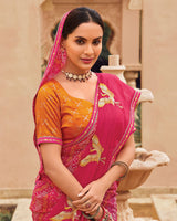 Vishal Prints Rose Pink Designer Printed Fancy Chiffon Saree With Embroidery Work And Fancy Border