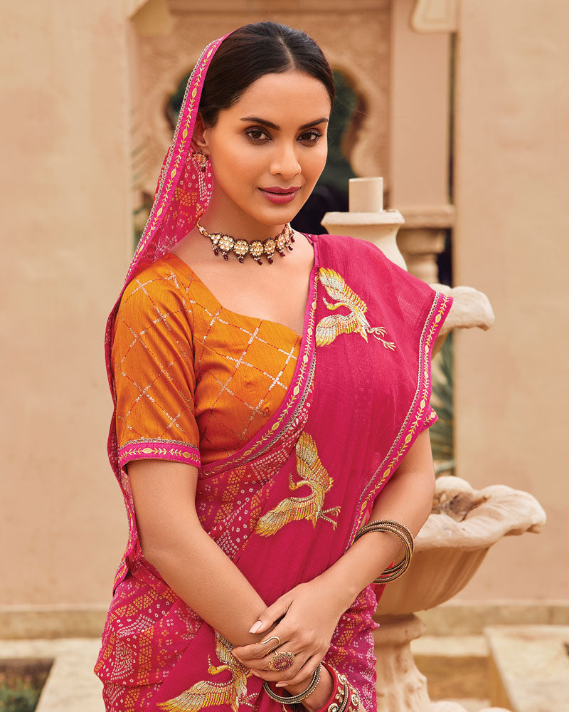 Vishal Prints Rose Pink Designer Printed Fancy Chiffon Saree With Embroidery Work And Fancy Border