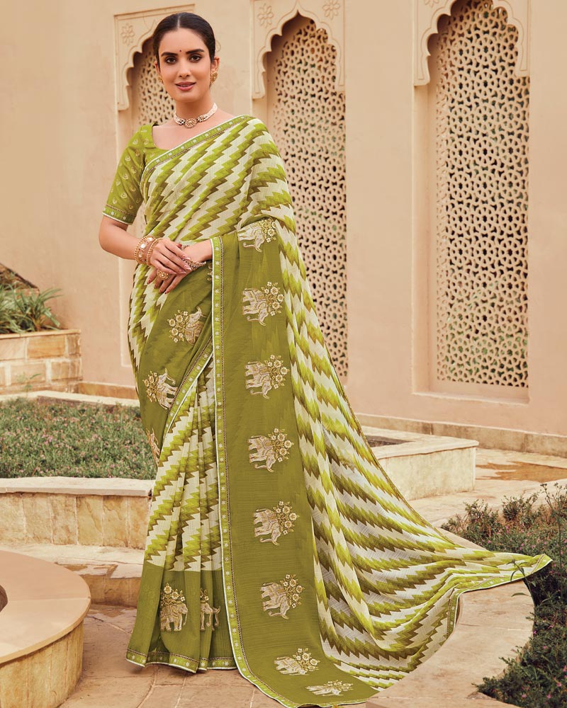 Vishal Prints Light Olive Green Designer Printed Fancy Chiffon Saree With Embroidery Work And Fancy Border