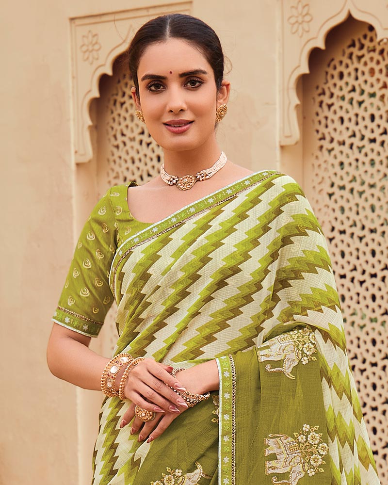 Vishal Prints Light Olive Green Designer Printed Fancy Chiffon Saree With Embroidery Work And Fancy Border