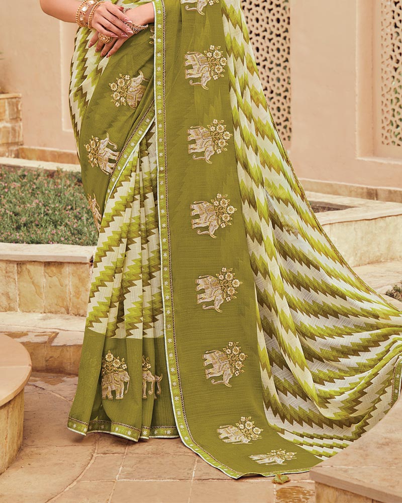 Vishal Prints Light Olive Green Designer Printed Fancy Chiffon Saree With Embroidery Work And Fancy Border