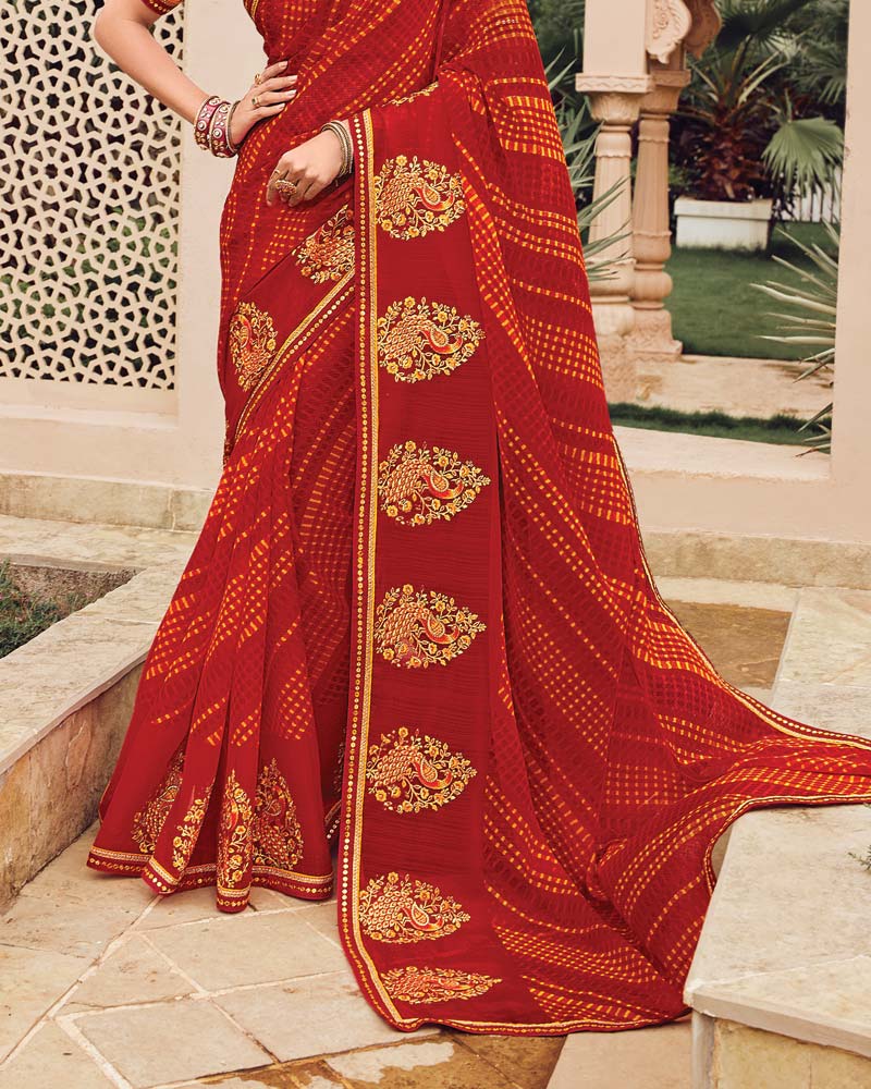 Vishal Prints Paprika Red Designer Printed Fancy Chiffon Saree With Embroidery Work And Fancy Border