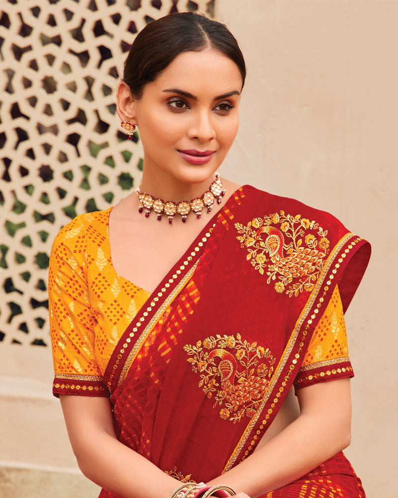 Vishal Prints Paprika Red Designer Printed Fancy Chiffon Saree With Embroidery Work And Fancy Border