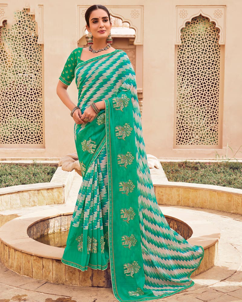 Vishal Prints Jade Green Designer Printed Fancy Chiffon Saree With Embroidery Work And Fancy Border