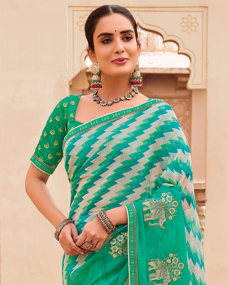 Vishal Prints Jade Green Designer Printed Fancy Chiffon Saree With Embroidery Work And Fancy Border