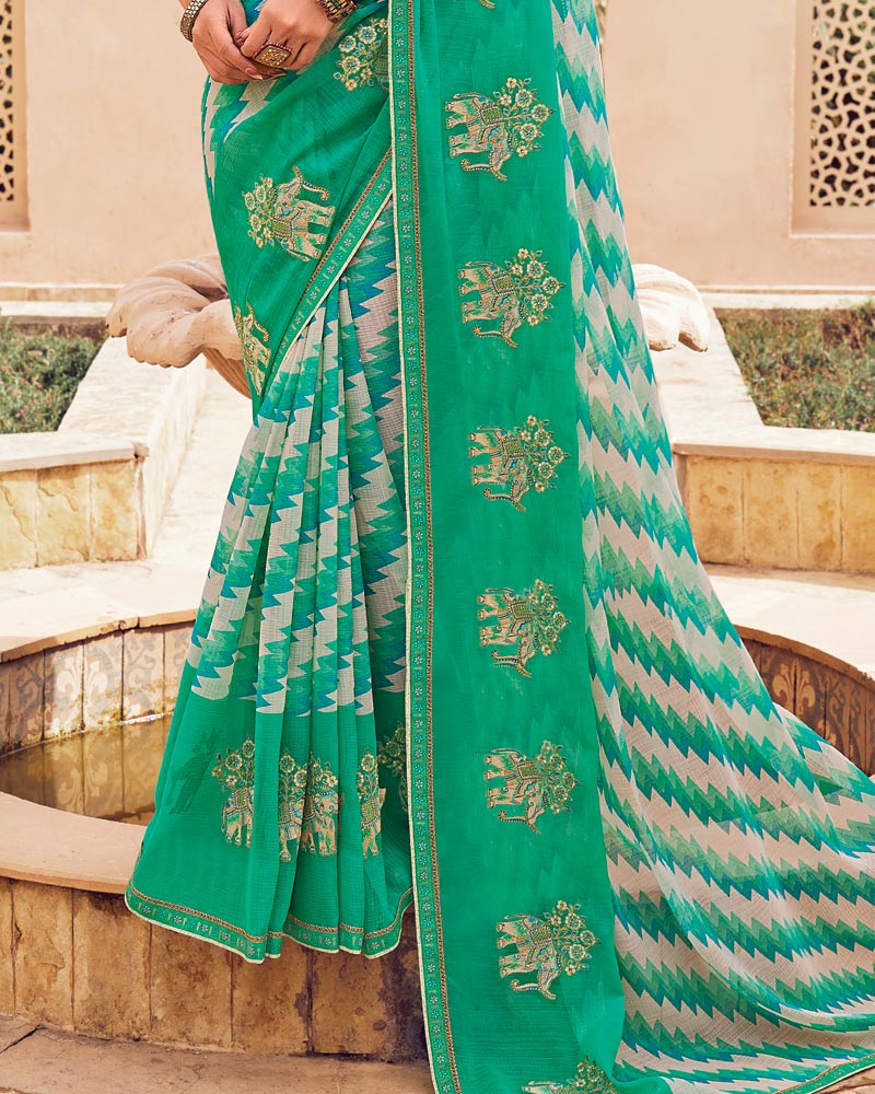 Vishal Prints Jade Green Designer Printed Fancy Chiffon Saree With Embroidery Work And Fancy Border