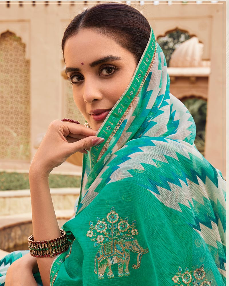 Vishal Prints Jade Green Designer Printed Fancy Chiffon Saree With Embroidery Work And Fancy Border