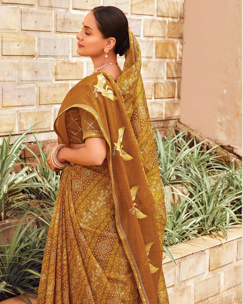 Vishal Prints Brownish Orange Designer Printed Fancy Chiffon Saree With Embroidery Work And Fancy Border