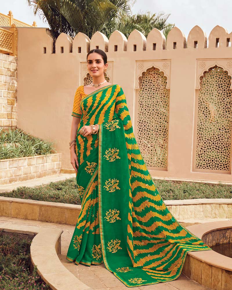 Vishal Prints Dark Spring Green Designer Printed Fancy Chiffon Saree With Embroidery Work And Fancy Border