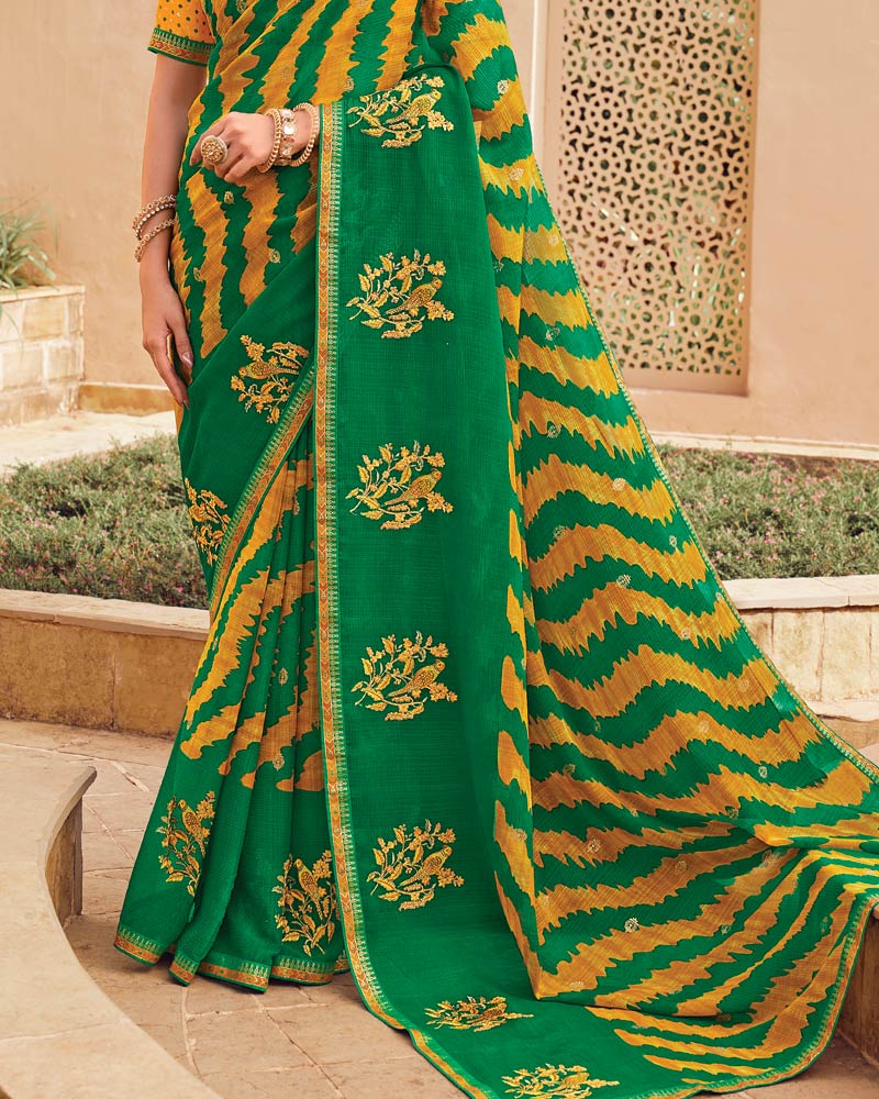 Vishal Prints Dark Spring Green Designer Printed Fancy Chiffon Saree With Embroidery Work And Fancy Border