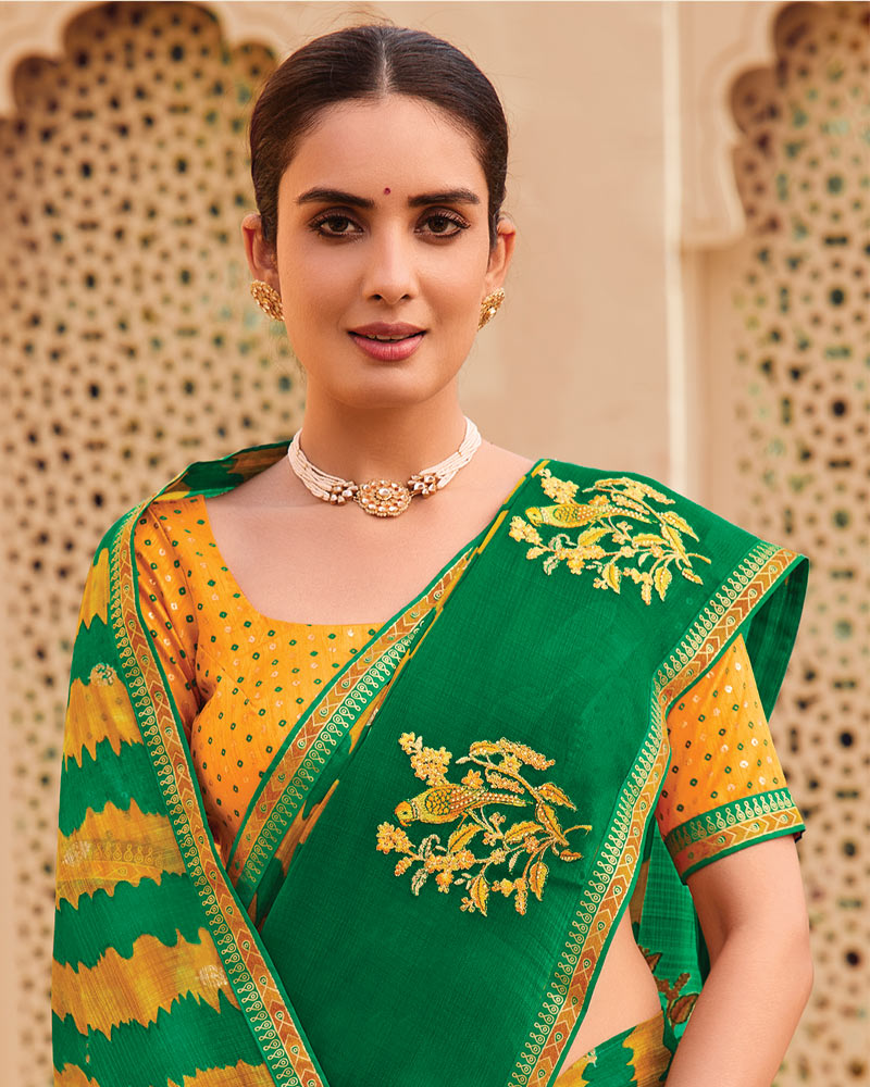 Vishal Prints Dark Spring Green Designer Printed Fancy Chiffon Saree With Embroidery Work And Fancy Border