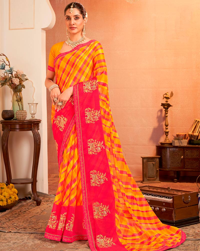 Vishal Prints Yellowish Orange And Pink Designer Chiffon Saree With Resham-Zari-Embroidery-Diamond Work And Fancy Border