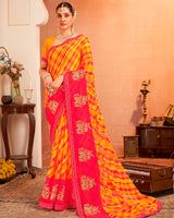 Vishal Prints Yellowish Orange And Pink Designer Chiffon Saree With Resham-Zari-Embroidery-Diamond Work And Fancy Border