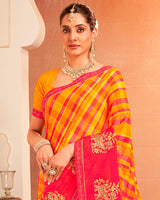 Vishal Prints Yellowish Orange And Pink Designer Chiffon Saree With Resham-Zari-Embroidery-Diamond Work And Fancy Border