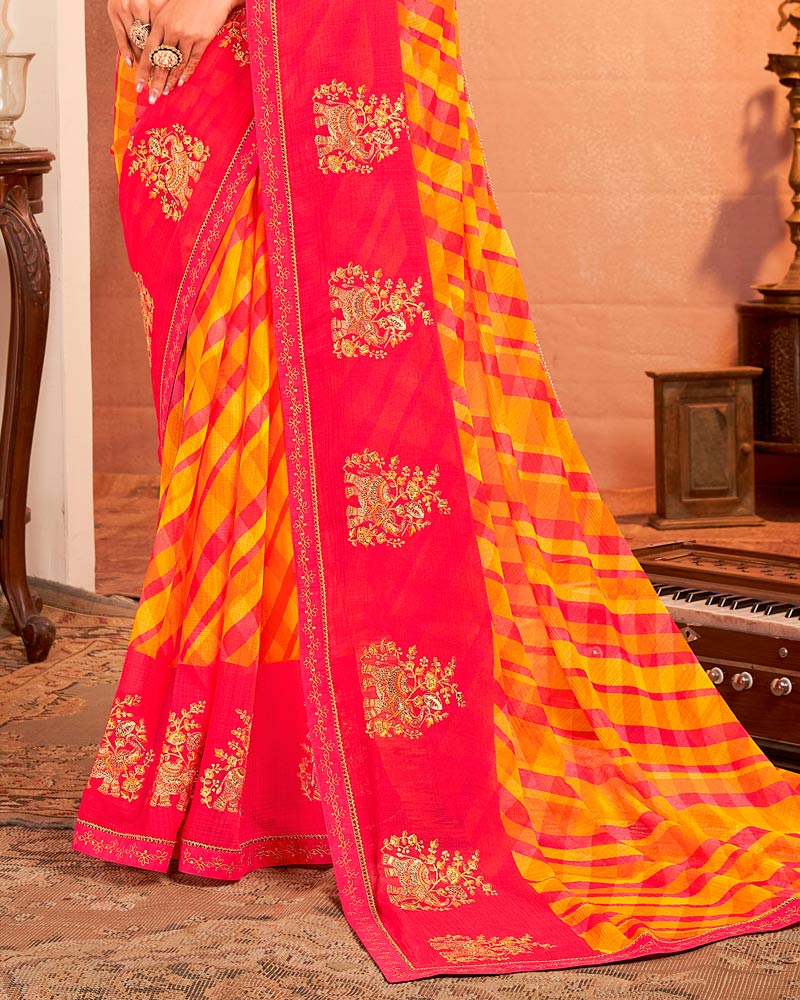 Vishal Prints Yellowish Orange And Pink Designer Chiffon Saree With Resham-Zari-Embroidery-Diamond Work And Fancy Border