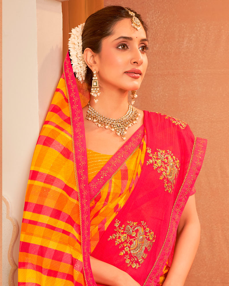 Vishal Prints Yellowish Orange And Pink Designer Chiffon Saree With Resham-Zari-Embroidery-Diamond Work And Fancy Border