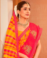 Vishal Prints Yellowish Orange And Pink Designer Chiffon Saree With Resham-Zari-Embroidery-Diamond Work And Fancy Border