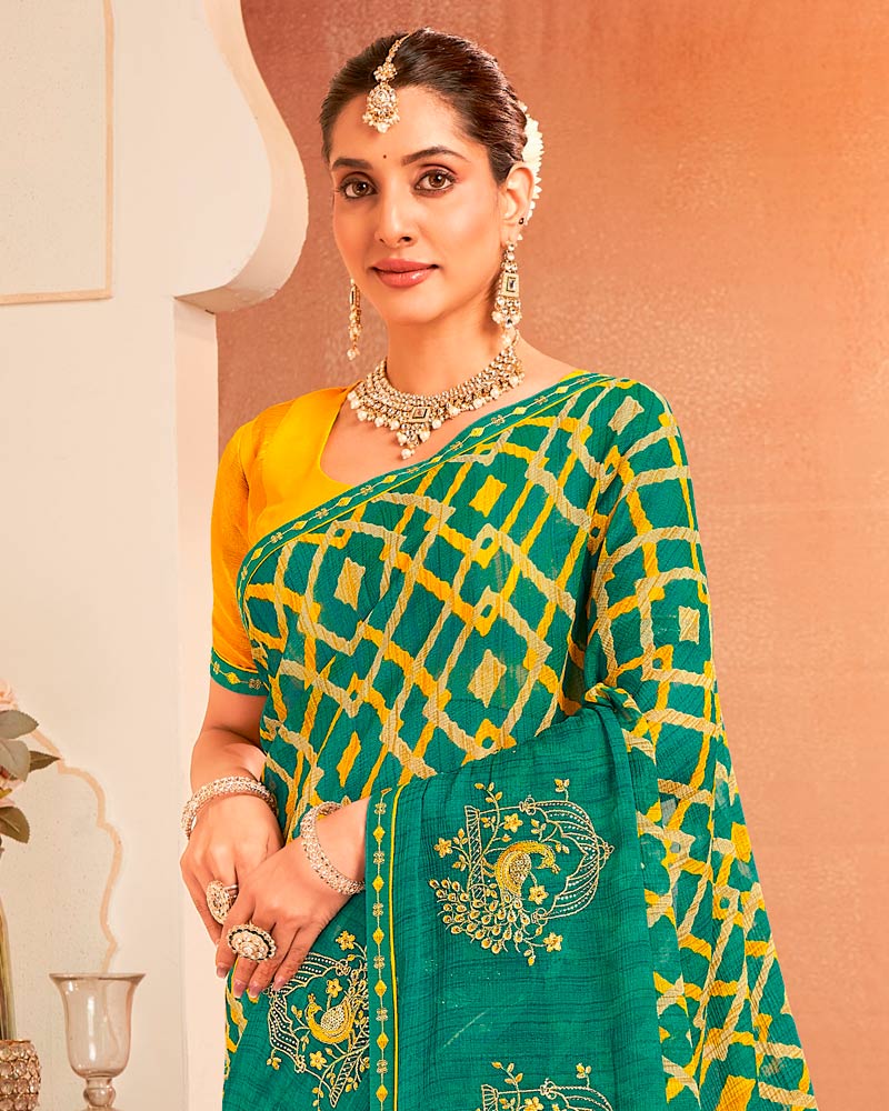 Vishal Prints Pine Green Designer Chiffon Saree With Resham-Zari-Embroidery-Diamond Work And Fancy Border