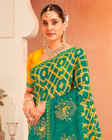 Vishal Prints Pine Green Designer Chiffon Saree With Resham-Zari-Embroidery-Diamond Work And Fancy Border