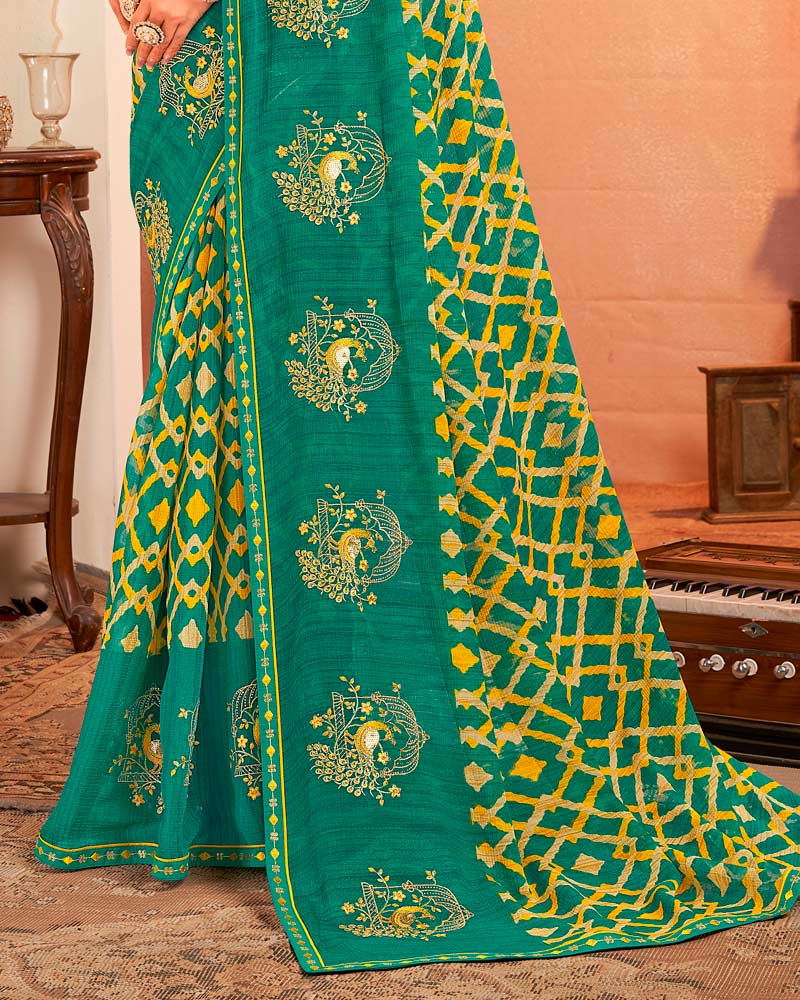 Vishal Prints Pine Green Designer Chiffon Saree With Resham-Zari-Embroidery-Diamond Work And Fancy Border