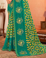 Vishal Prints Pine Green Designer Chiffon Saree With Resham-Zari-Embroidery-Diamond Work And Fancy Border