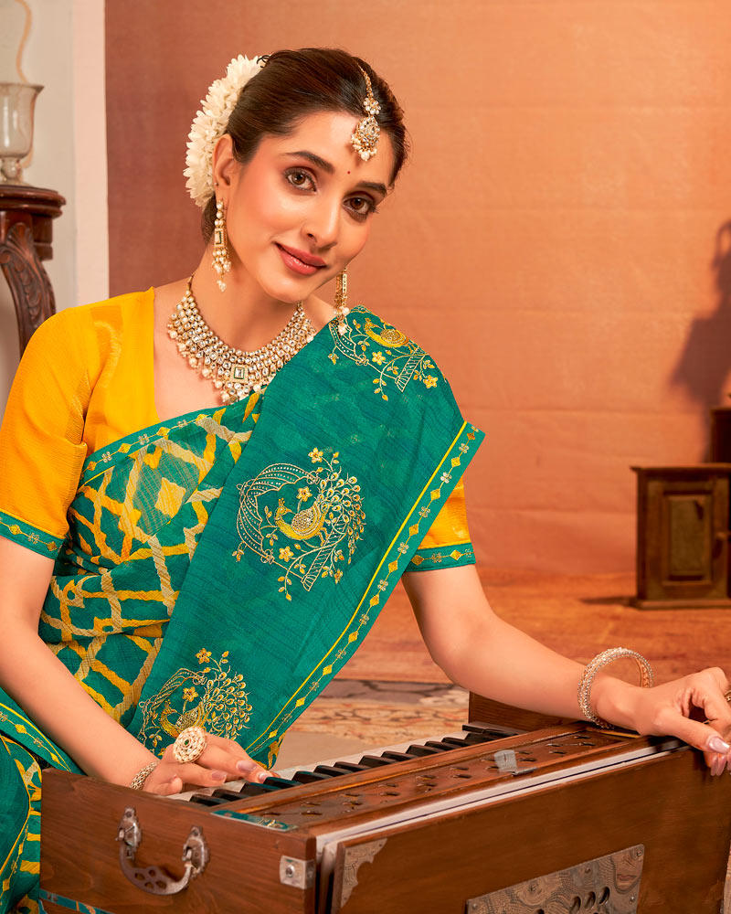 Vishal Prints Pine Green Designer Chiffon Saree With Resham-Zari-Embroidery-Diamond Work And Fancy Border