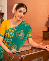 Vishal Prints Pine Green Designer Chiffon Saree With Resham-Zari-Embroidery-Diamond Work And Fancy Border