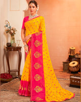 Vishal Prints Golden Yellow And Raspberry Pink Designer Chiffon Saree With Resham-Zari-Embroidery-Diamond Work And Fancy Border