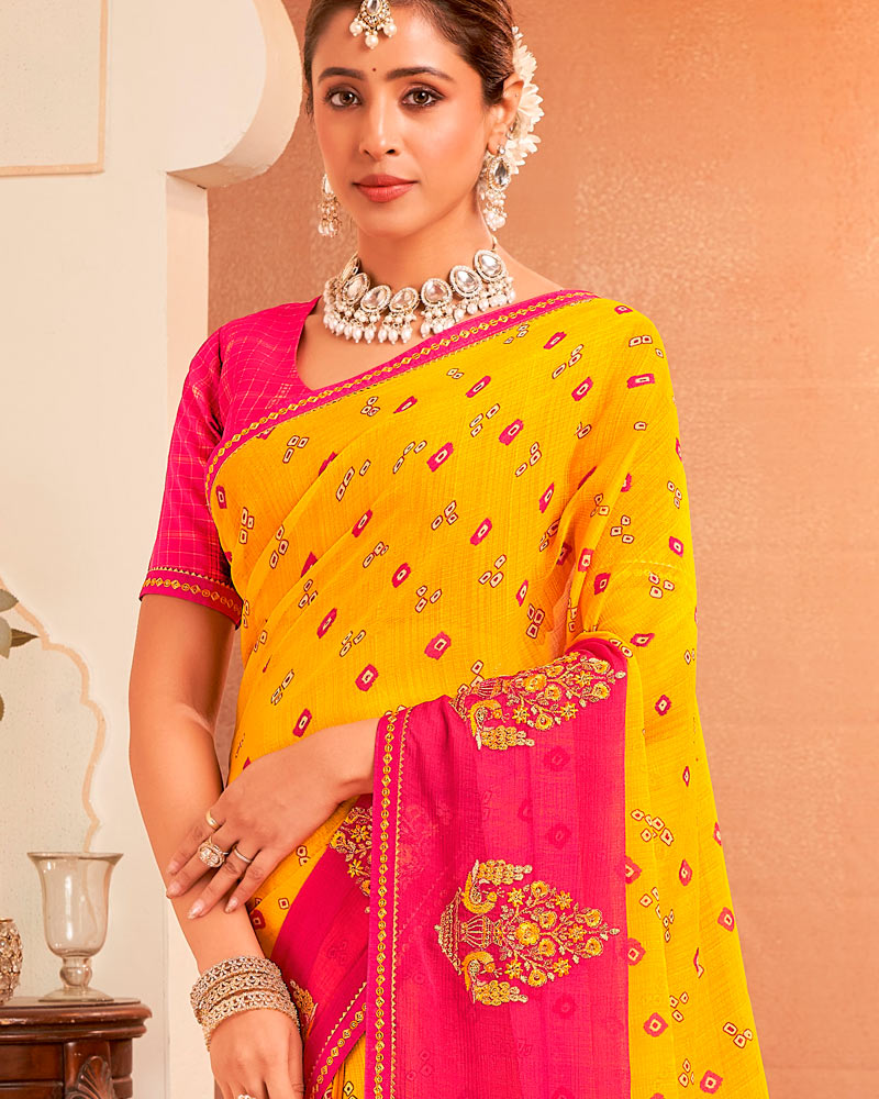 Vishal Prints Golden Yellow And Raspberry Pink Designer Chiffon Saree With Resham-Zari-Embroidery-Diamond Work And Fancy Border