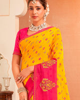 Vishal Prints Golden Yellow And Raspberry Pink Designer Chiffon Saree With Resham-Zari-Embroidery-Diamond Work And Fancy Border