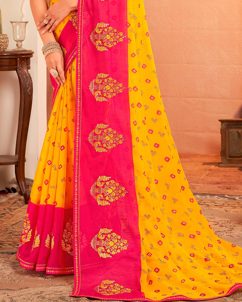 Vishal Prints Golden Yellow And Raspberry Pink Designer Chiffon Saree With Resham-Zari-Embroidery-Diamond Work And Fancy Border