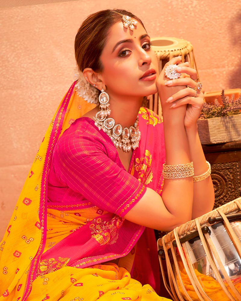 Vishal Prints Golden Yellow And Raspberry Pink Designer Chiffon Saree With Resham-Zari-Embroidery-Diamond Work And Fancy Border